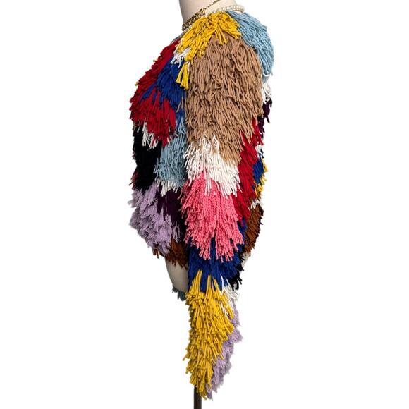 Alice + Olivia Fawn Multicolor Fringe Jacket rainbow yarn crochet size XS - Picture 6 of 12